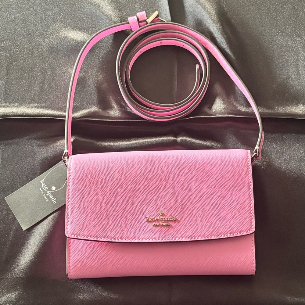 NWT Kate Spade Perry Saffiano Leather Wallet/Crossbody with Strap - Surf Pink - Picture 2 of 5